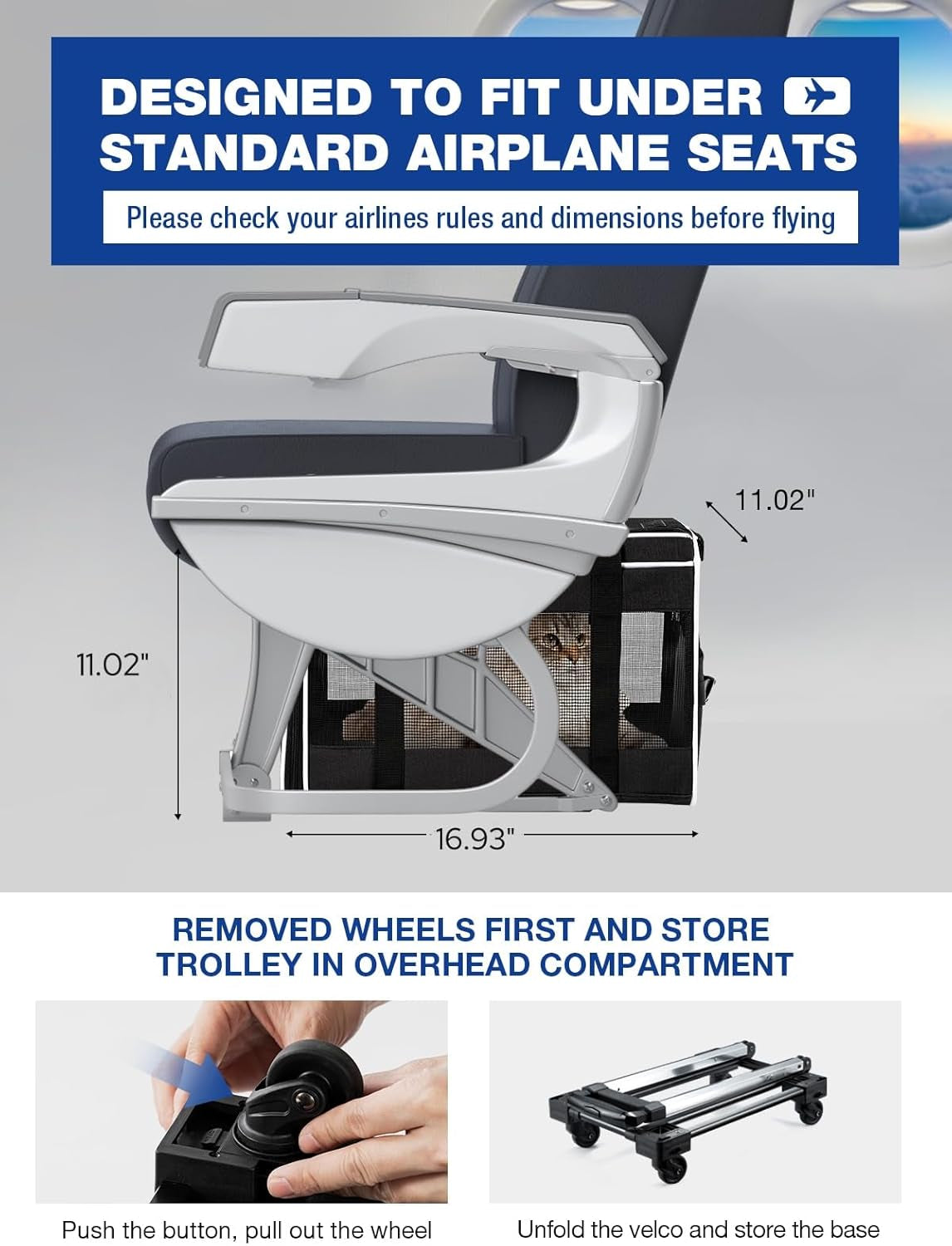 Cat Dog Carrier with Wheels Rolling Pet Carrier with Telescopic Handle, Shoulder Strap and Pet Bowl, Black