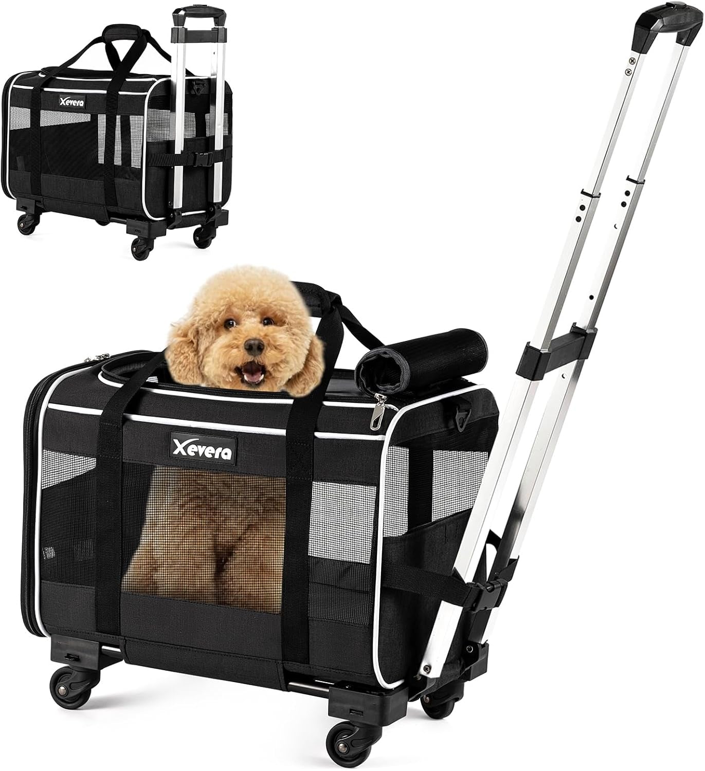 Cat Dog Carrier with Wheels Rolling Pet Carrier with Telescopic Handle, Shoulder Strap and Pet Bowl, Black