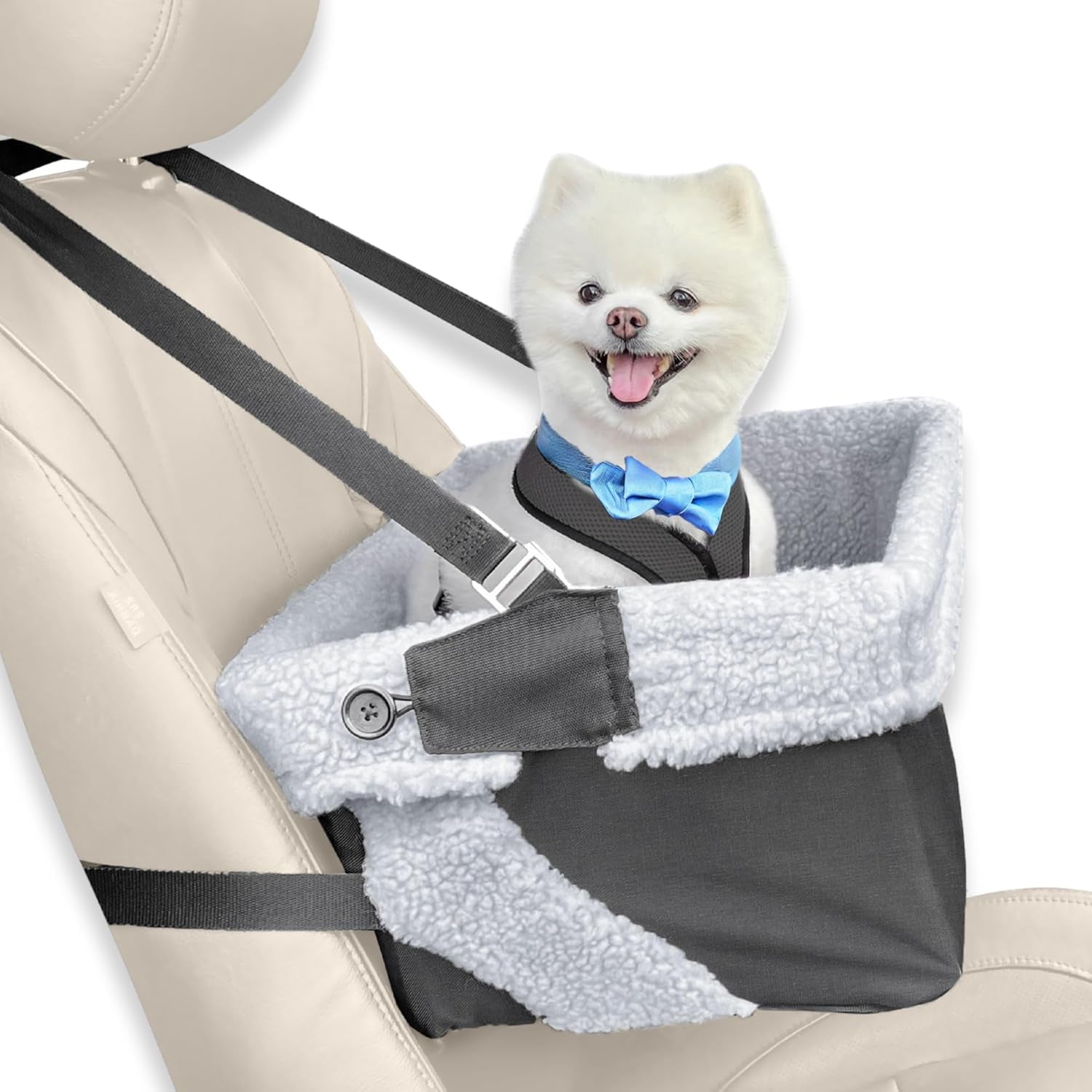 Dog Car Seat for Small Dogs - Grey Dog Booster Seat- Washable, Adjustable and Collapsible Pet Travel Carrier Bed- Includes Safety Seat Belt Tether for Small Dogs, Puppies and Pets up to 18 Lbs