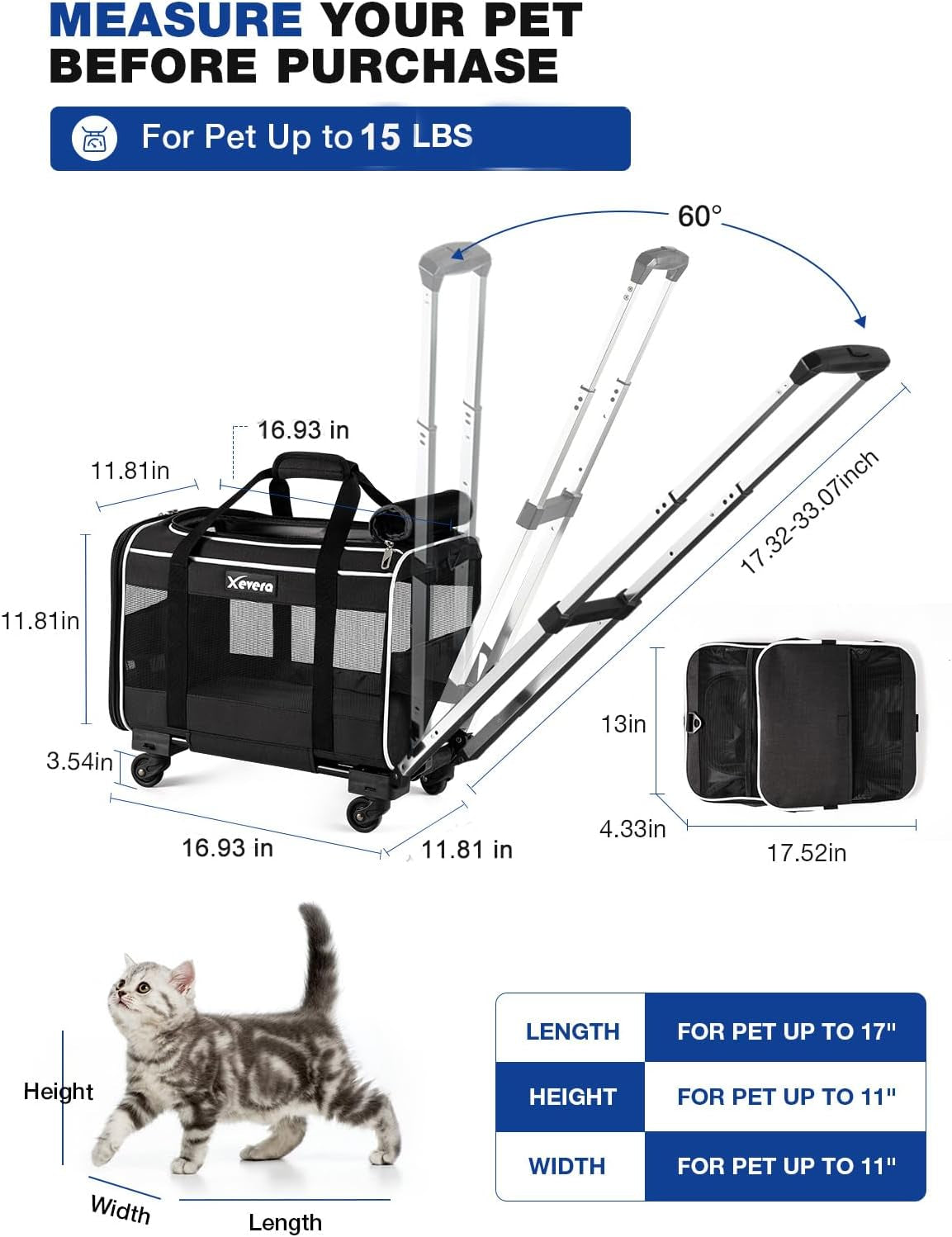 Cat Dog Carrier with Wheels Rolling Pet Carrier with Telescopic Handle, Shoulder Strap and Pet Bowl, Black