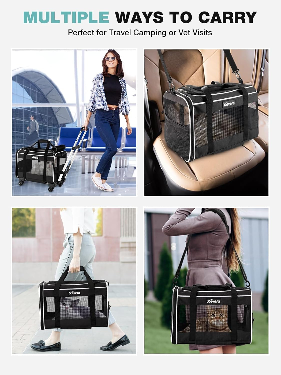 Cat Dog Carrier with Wheels Rolling Pet Carrier with Telescopic Handle, Shoulder Strap and Pet Bowl, Black