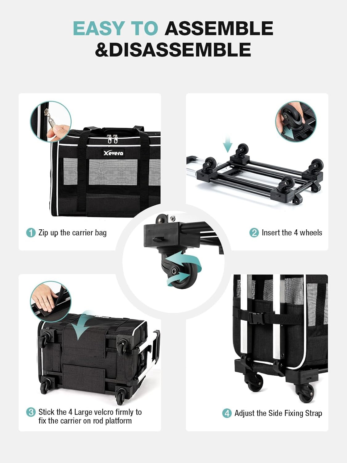 Cat Dog Carrier with Wheels Rolling Pet Carrier with Telescopic Handle, Shoulder Strap and Pet Bowl, Black