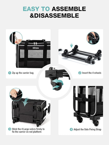 Cat Dog Carrier with Wheels Rolling Pet Carrier with Telescopic Handle, Shoulder Strap and Pet Bowl, Black